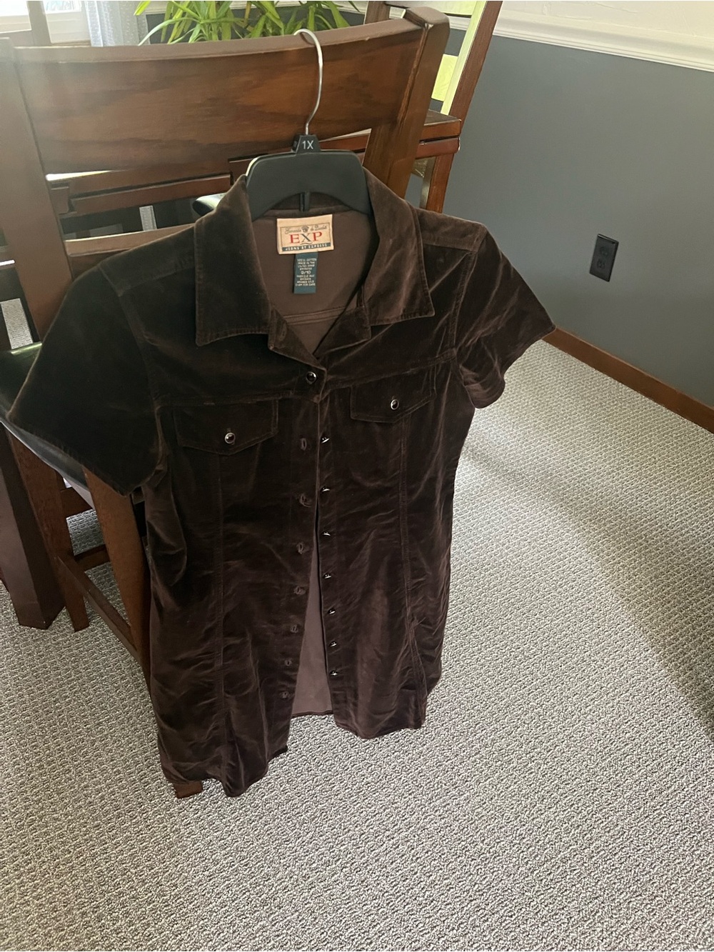 EXP Jeans by Express Brown Velvet Shirt Dress Short Sleeve Button Front 10 # 642